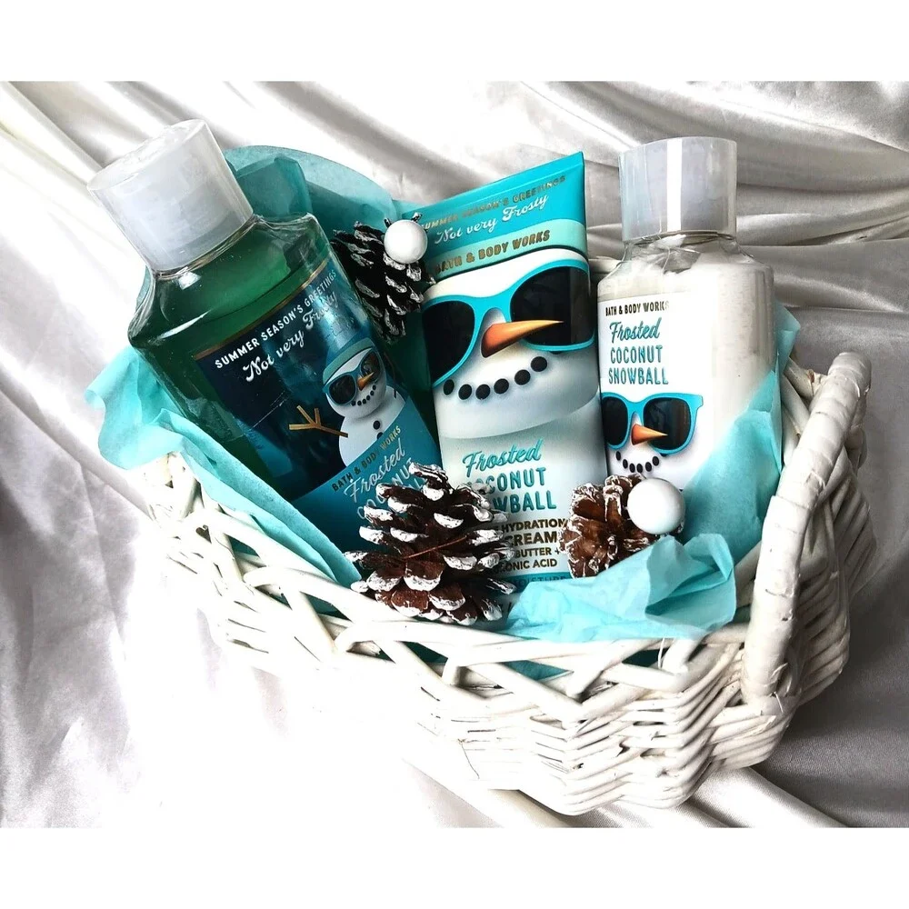BATH & BODY WORKS FROSTED COCONUT SNOWBALL GIFT BASKET-BODY WASH, CREAM, LOTION